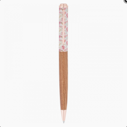 Stylo bille Bahia en bois – vue produit verticale, capuchon floral rose, pointe bille sortie, fond blanc.